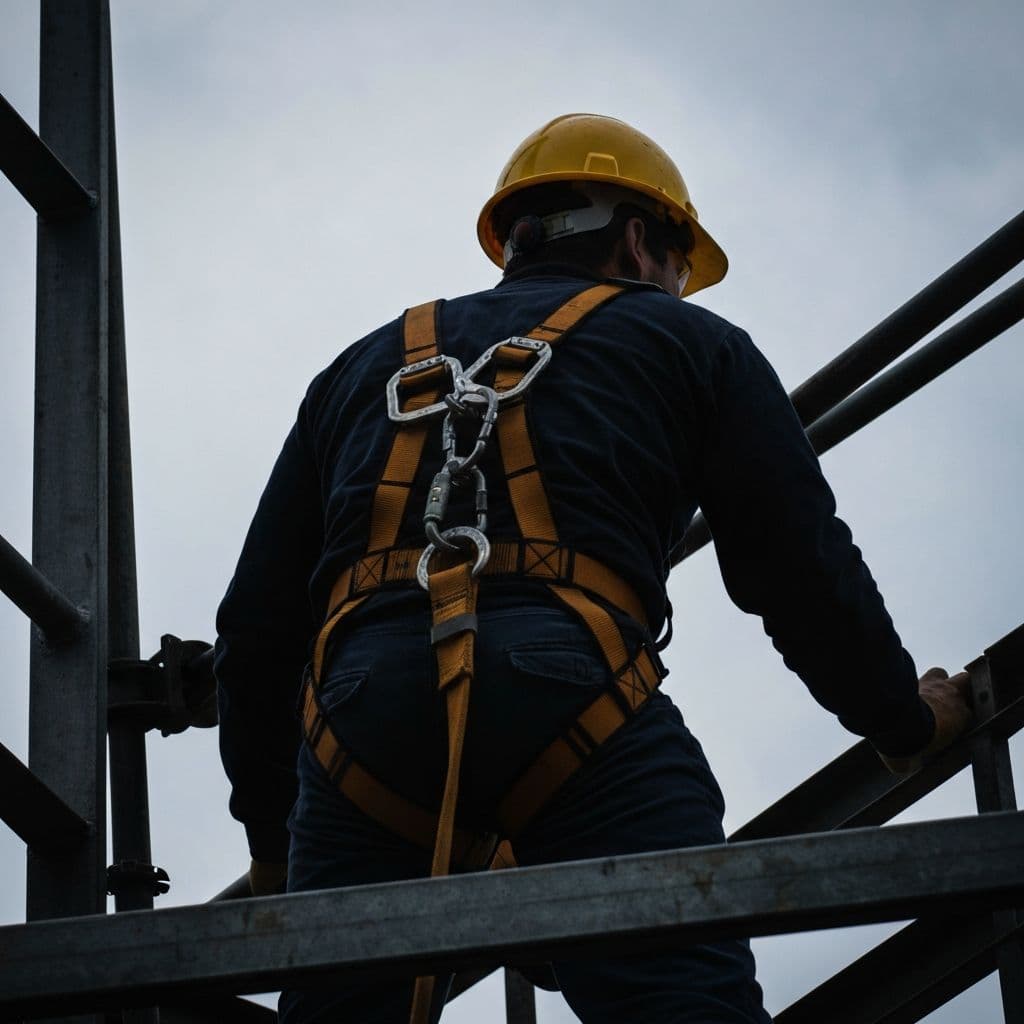 Trabajador con arnes de seguridad y linea de vida en estructura de altura