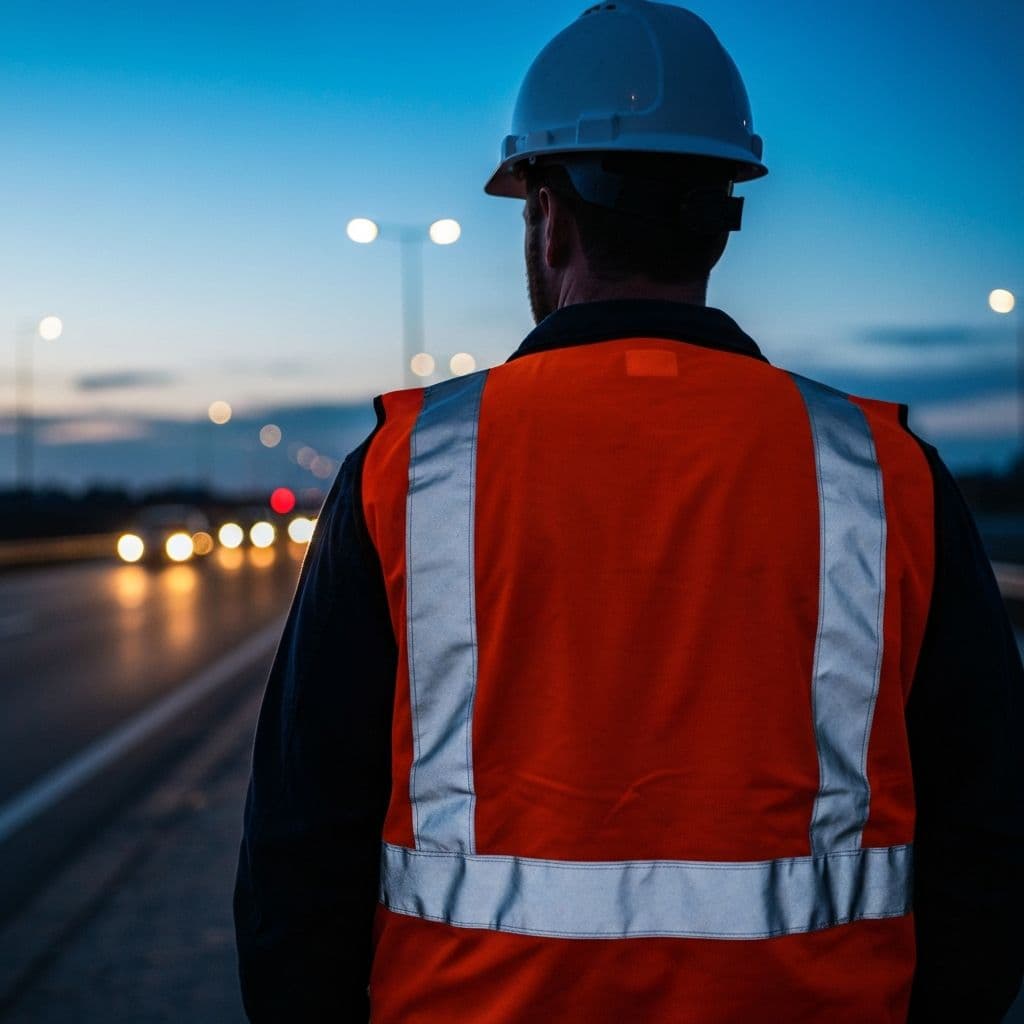 Trabajador con chaleco de alta visibilidad ANSI 107 clase 3 en obra vial