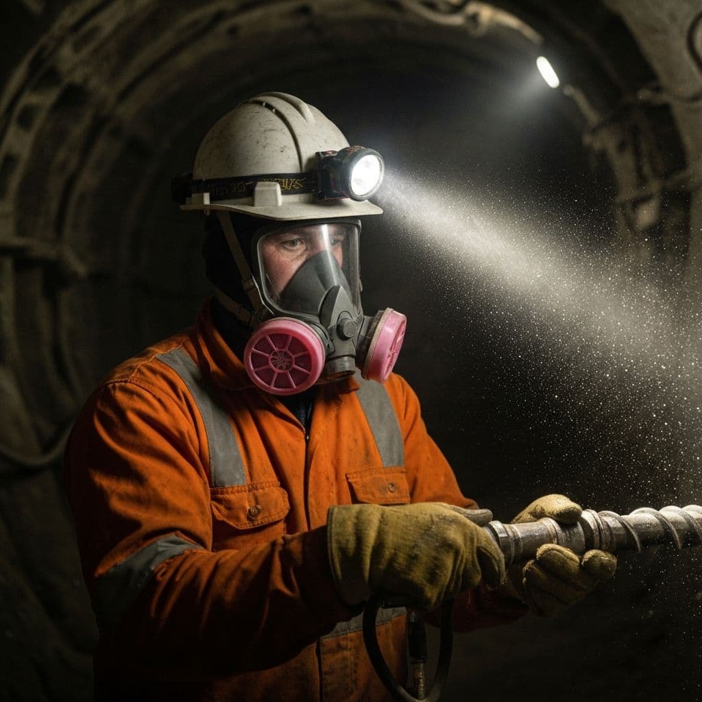 Operador minero con proteccion respiratoria contra polvo de silice